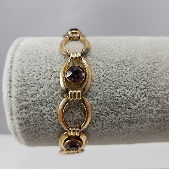 Vintage Simmons Bracelet Purple Glass Gold Tone Links 1920 1940 Egyptian Revival - Picture 7 of 10